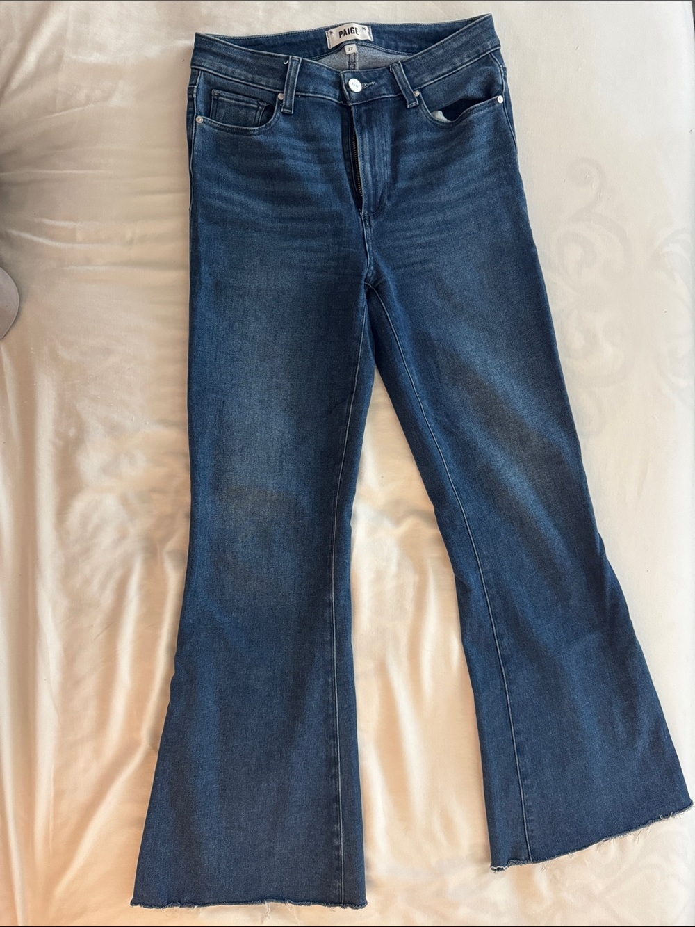 PAIGE Dark Indigo Flare Jeans with Raw Hem